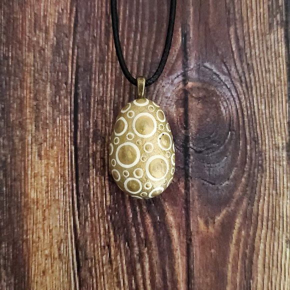 Hand Painted Dot Art Pendant. Gold with Parchment and Gold Spheres - Picture 15 of 16